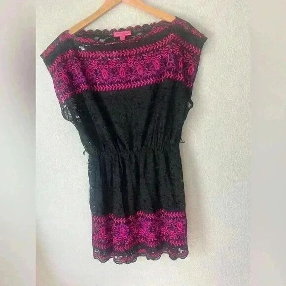 Betsy Johnson lace dress/coverup 2 whimsigoth edgy pink purple black lace fairy - Picture 1 of 4